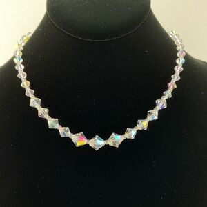 Vintage, Aurora Borealis Clear Crystal Choker Necklace, VTG Crystals, 15.5" L